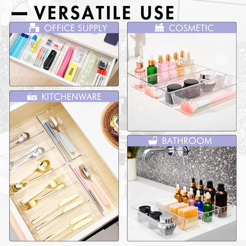 HOUSE DAY Desk Drawer Organizer Bins 8 PCS, 9*3*2" Clear Drawer Organizers with Silicone Pads, Vanity Organizers and Storage, Non Slip Plastic Dra...