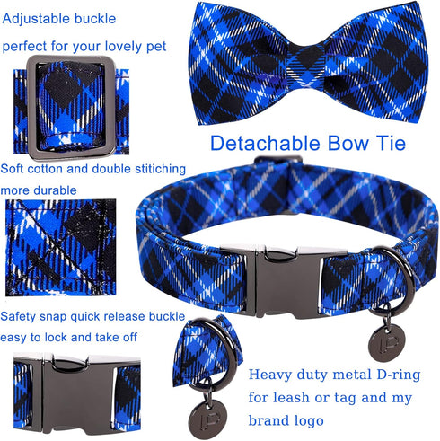 Dog Collar with Bow Tie, Cotton Dog Bowtie Collar for Medium Girl Boy Dog, Holiday Blue Dog Collar with Durable Metal Buckle, Cute Plaid Pet Colla...