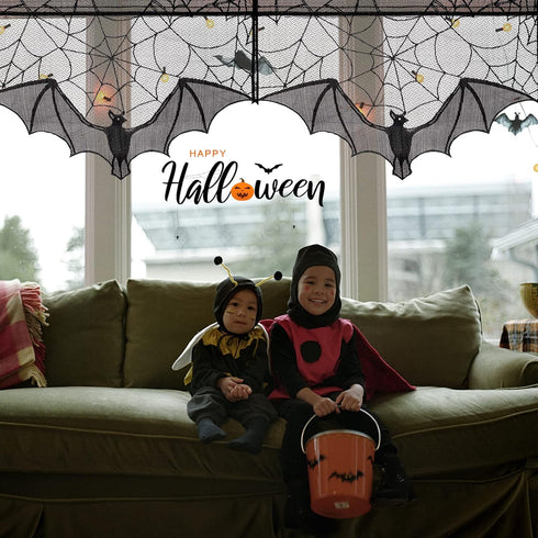 ANPHSIN Halloween Black Lace Spiderweb- 2 Pcs Bat Curtain Window Valance Cobweb Tablecloth Shower Curtains Fireplace Mantles Scarf Cover for Home ...