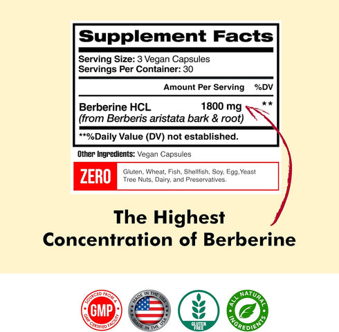 Berberine 1800mg Per Serving, Berberine Supplement, Berberine HCL, Berberine Pills, Berberine Capsules, Cardiovascular & Heart Health, Immune Supp...