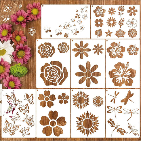 Flower Stencils for Painting on Wood, A4 Floral Rose Sunflower Dragonfly Butterfly Stencils for Crafts Reusable Wood Burning Drawing Art Paint Ste...