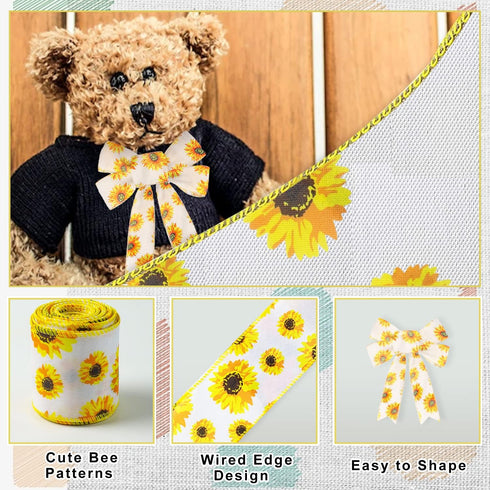 Sunflower Ribbon Wired Ribbon 6 Rolls 40 Yards Wired Edge Yellow Ribbon 2.5 Inch Burlap Ribbon Plaid Stripe Summer Fall Ribbon Floral Ribbon for B...