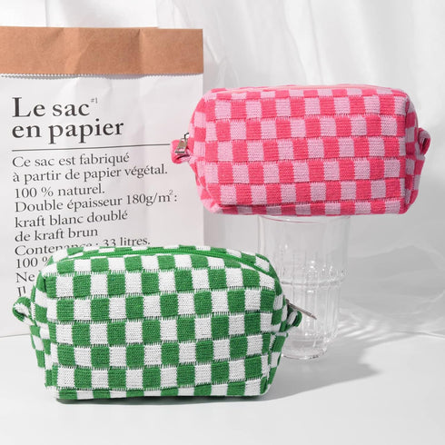 2 Pieces Makeup Bag Pouch Checkered Cosmetic Bag Pink Green, Travel Toiletry Bag Organizer Cute Makeup Brushes Storage Bag for Women...