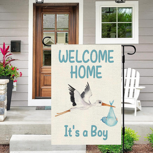 Welcome Home Baby Boy Garden Flag Baby Shower Garden Flag 12×18 Inch Double Sided Burlap Flag Newborn Gender Reveal Lawn Yard Sign Stork Outdoor D...