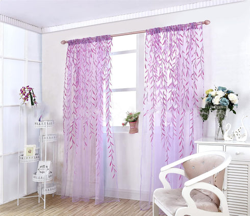 ICYANG Lavender Curtains Lilac Leaf Purple Vine Willow Tulle Room 78.6 x 39.3 Inch Sheer Drape Panel Valances for Living Room Bedroom Balcony Door...
