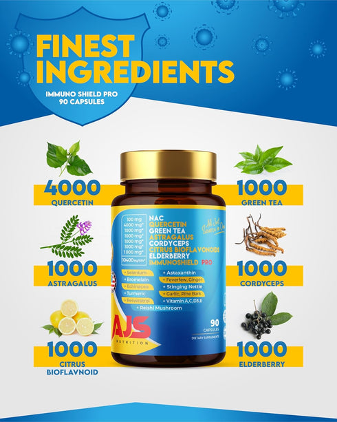 AJS Immune Support Supplement with Quercetin 4000mg with Nac Greentea Cordycepscitrus Elderberry Selenium Bromelain Echinacea Turmeric Resveratrol...