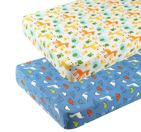 Dinosaur Pack n Play Stretchy Fitted Playard Sheet Set 2 Pack Jersey Knit Ultra Soft Portable Mini Crib Sheets for Baby Boy Girl Elephant Giraffe ...