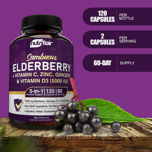 NutriFlair Sambucus Elderberry, 120 Veggie Capsules - 5 in 1 Immune Support and Antioxidant Supplement with Vitamin C, Vitamin D3 5000 IU, Zinc, G...