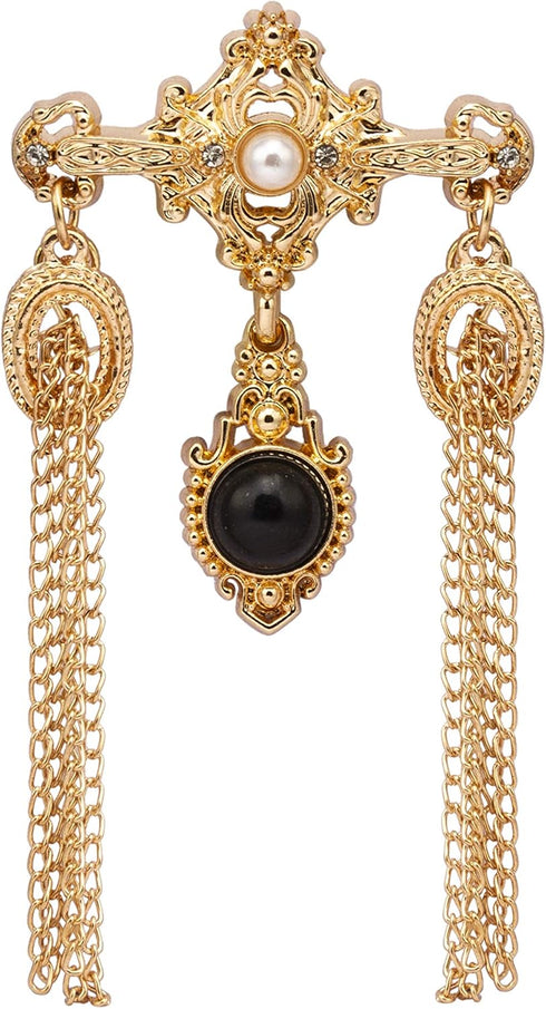 Knighthood Gold Engraving Imitation Pearl Black Stone and Hanging Chain Metal Lapel Pin Brooch for Men...