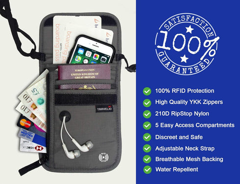 RFID Blocking Neck Travel Wallet Hidden Passport Holder Pouch for Men & Women...