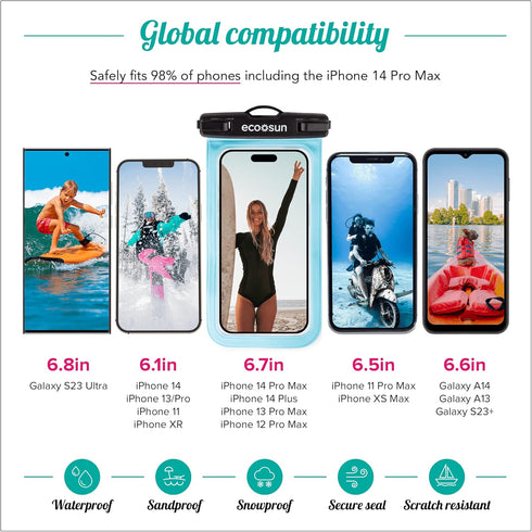Waterproof Phone Pouch (2-Pack) — Designed in Hawaii — Case Fits All iPhones (incl. 15 Pro Max), Samsung Galaxy S24 & More Black/Blue...