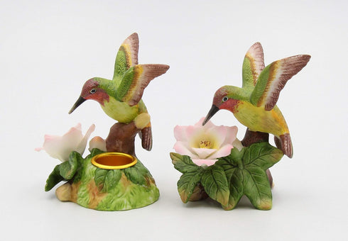 Fine Porcelain Hummingbird with Apple Cherry Blossom Flowers Taper Candle Holder Pair Figurine, 3-5/8" H...