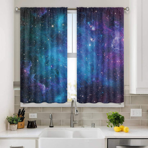 Cinbloo Galaxy Kitchen Curtains Out Space Wall Art Rod Pocket 27.5W x 39L Inch Blue Nebula Universe Room Decor Starry Star Fantasy Night Sky Print...
