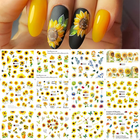 Flower Nail Art Stickers Decals Spring Summer Floral Nail Art Supplies Water Transfer Sunflower Bee Butterfly Design Yellow Flowers Nail Accessori...