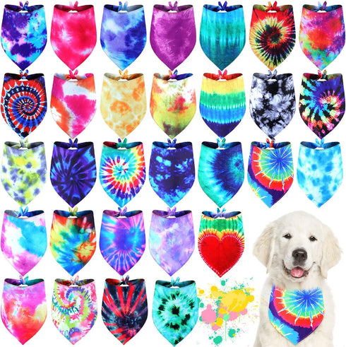 30 Pcs Tie Dye Dog Bandanas Bulk for Dogs Spring Dog Bandana Rainbow Spiral Cat Dog Scarf Colorful Washable Triangle Pet Kerchief Cute Dog Bib for...