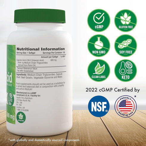 Health Thru Nutrition Caprylic Acid 600mg 100 Softgels | C8 Octanoic Acid from pure 1g MCT Oil | Non-GMO & Soy Free | Support Healthy Digestive an...