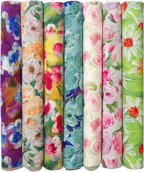 7 Pcs Oil Painting Flower Fat Quarters Fabric Bundles Quilting Fabric Bundle Patchwork for Sewing Quilting and Crafting (18x22 inch)...