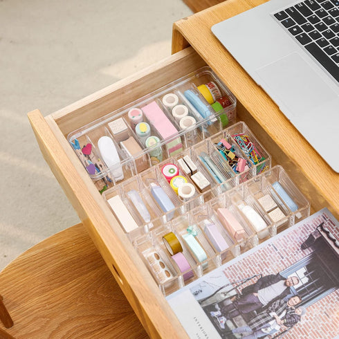 Yesesion Clear Plastic Cable Organizer Box with Adjustment Compartments, Desk Accessories Storage Case with Lid and 10 Wire Ties for Drawer, Offic...