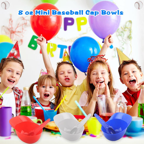 12 Pack Baseball Helmet Ice Cream Bowl 8 oz Plastic Baseball Cap Chip Bowl with 12 Pack Disposable Dessert Taster Spoons for Kids Birthday Ice Cre...