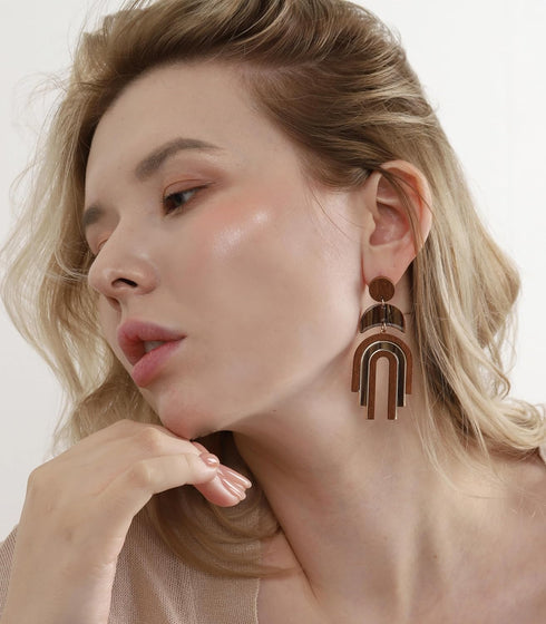 Ozel - Natural Wooden Acrylic Boho Drop Dangle Earrings for Women - Geometric Statement Jewellery - Brown, Black, Magent Red, Olive Green, White b...