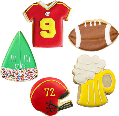 Football Cookie Cutters 5-Pc. Set Made in the USA by Ann Clark, Football, Helmet, Jersey, Beer Mug, Centerpiece Wedge...