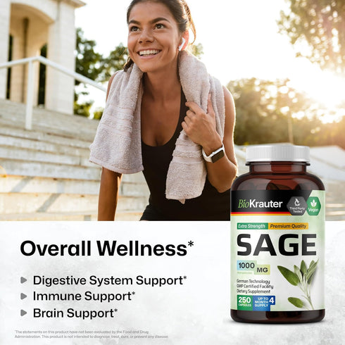 BIO KRAUTER Sage Supplement Capsules 1000 mg - 250 Vegan Caps - Supplement with Salvia Officinalis - Immune & Digestive Support - Rich in Antioxid...