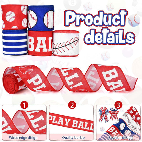 5Rolls Baseball Wired Edge Ribbon 2.5 Inch Red Blue White Sports Ball Pattern Fabric Ribbon for Wreath Bow Making for Sport Themed Birthday Party ...