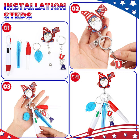 6 Pcs Nurse Pen Set Include 4th of July Gnome Retractable Nurse Badge Reel Highlighter Permanent Marker Retractable Ball Pen LED Flashlight Keycha...