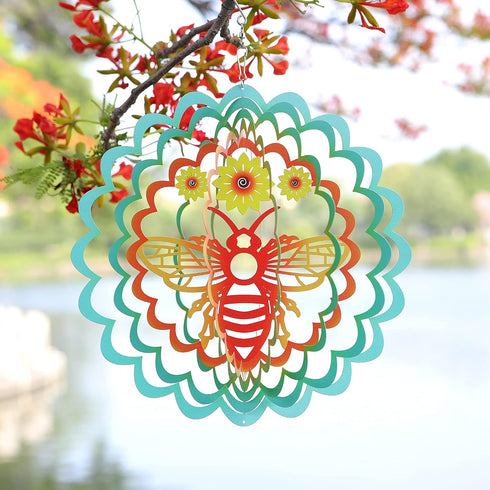 Kinetic 3D Metal Bee Wind Spinner Hanging Ornament Worth Gift for Home and Garden - 12inch Bee Mandala Kinetic Hanging Whirligigs Sun Catcher Wind...