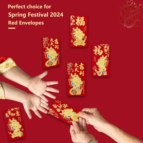 36Pcs Chinese New Year Red Envelopes 2024, Lunar New Year of The Dragon Red Envelopes with 6 Unique Gold Embossed Designs, Lucky Money Red Packets...
