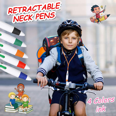 Retractable Pen with Lanyard Neck Pens Pen in a Rope Shuttle Pen 4 Color Ink Ballpoint Pen with Chain for Nurses Students, Office School Home Supp...