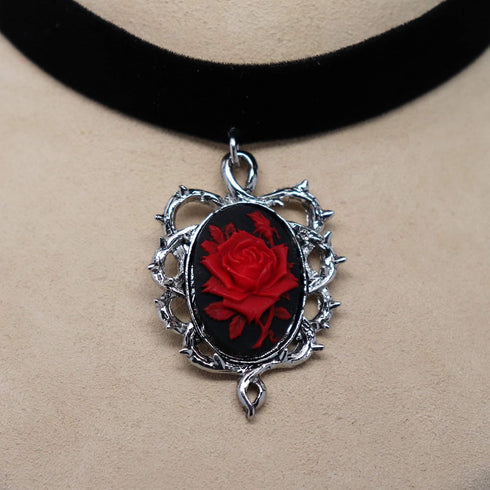 Gothic Red Rose Cameo Black Velvet Choker Adjustable Size Cosplay Jewelry...