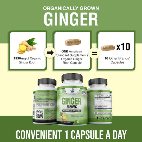 American Standard Supplements Organic Ginger 3850mg Per Serving with Organic Black Pepper Extract, Vegan, Gluten Free, Non-GMO, 90 Capsules, 90 Se...