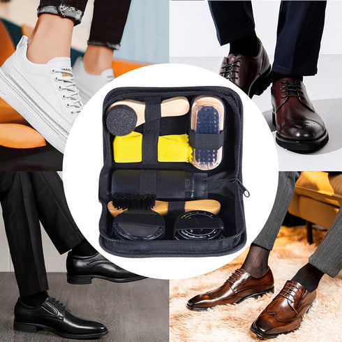 YUET Shoe Shine Cleaning Care Barrel Kit Set For Brown Black Leather With Polish Brush Travel Case Luxury Premium Soft Horsehair Bristle Dauber, W...