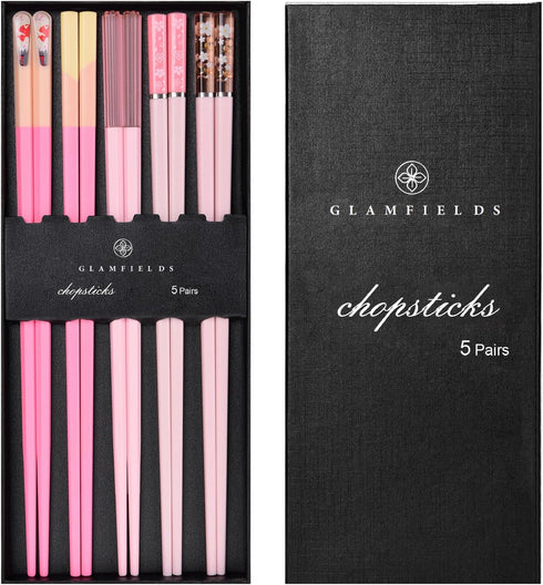 Chopsticks Reusable Dishwasher Safe, GLAMFIELDS 5 Pairs 9.5 Inches Premium Chop Sticks Set for Sushi, Ramen, Asian Cuisine, Matte Non-slip with Gi...