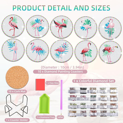 JHGCVX 10 Pcs Flamingos Diamond Painting Coasters Kit,Diamond Art Coasters with Holder,Cute Flamingos Diamond Painting Coasters for Adults Beginne...