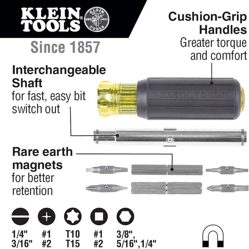Klein Tools 32500MAG Magnetic Multi-Bit Screwdriver / Nut Driver, 11-in-1 Multi Tool with 8 Bits, 3 Nut Driver Sizes, Cushion Grip Handle...