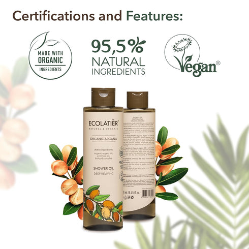 Deep Reviving Shower Oil with Organic Argana, ECOLATIER - 95.5% Natural, Vegan shower oil for women - Hydration & Cleansing oil body wash - 8.5 Fl...