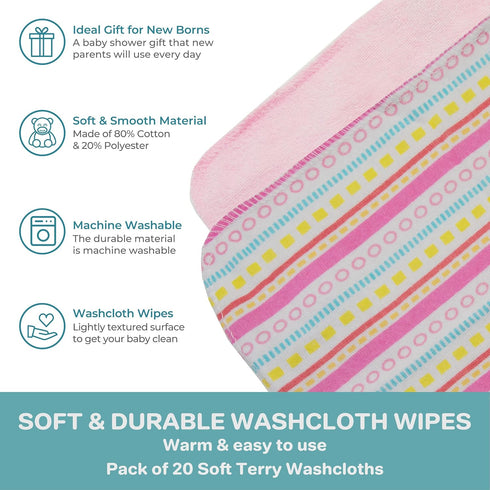 Spasilk Washcloth Wipes Set for Newborn Boys & Girls, Soft Terry Washcloth Set, Pack of 20, Pink Lines, 20 Pack...