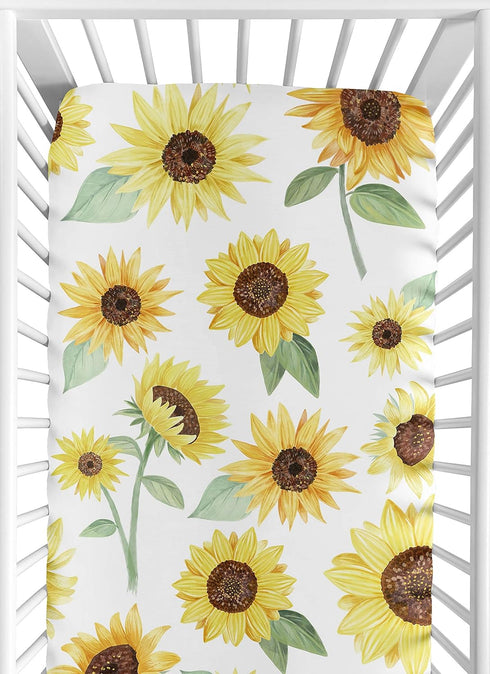 Sweet Jojo Designs Yellow, Green and White Sunflower Boho Floral Girl Baby or Toddler Nursery Fitted Crib Sheet - Farmhouse Watercolor Flower...