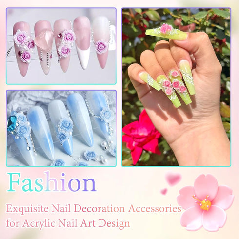 600Pcs Flower Nail Charms and Flatback Pearls,Mixed Size 3D Rose Flowers Nail Charms for Acrylic Nail Supplies Design,White Half Pearls for Nail J...