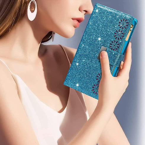 Phone Case for Samsung Galaxy Note 10 Plus Note10+ 5G Wallet Cover with Screen Protector and Wrist Strap Bling Glitter Flip Zipper Card Holder Cel...