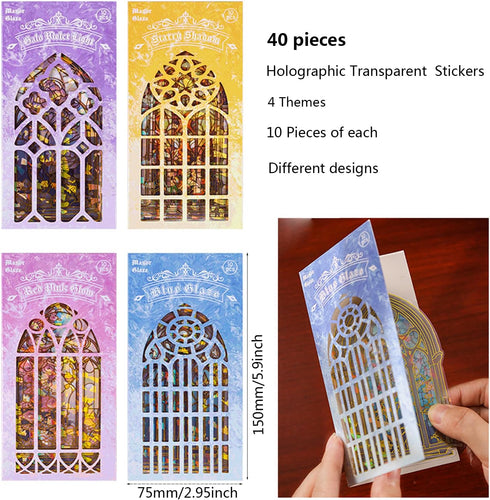 SKIONCE Holographic Transparent Glitter Stickers,40 Pieces Window Frame Scrapbook Junk Journal Stickers for Journaling Resin Accessories Card Maki...