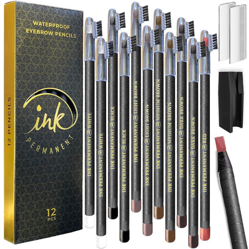 Waterproof Eyebrow Mapping Pencils for Permanent Makeup, Microblading, and Blades Henna Applications 12 Piece Brow Mapping Peel Off Pencil Set wit...