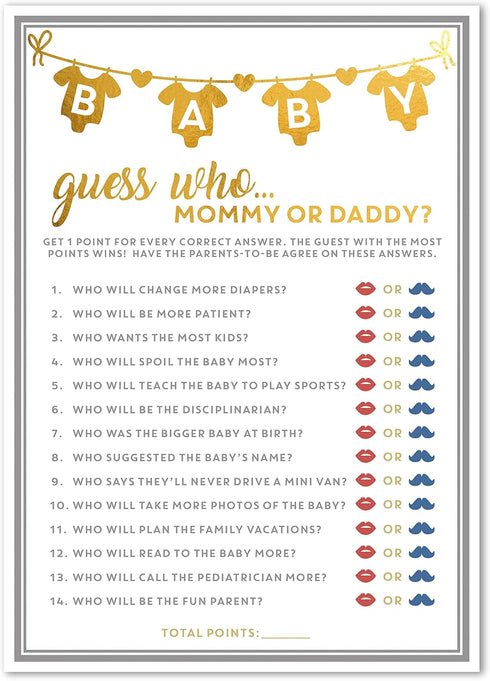 Party Hearty Baby Shower Games for Girl or Boy, 50 pcs Mommy or Daddy Guess Who Game, Fun Activity Cards, Gender Neutral, Ideas...