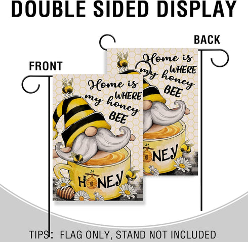 Home is Where My Honey Bumble Bee Gnome Decorative Garden Flag, House Yard Spring Summer Outside Decor, Outdoor Small Burlap Decoration Double Sid...