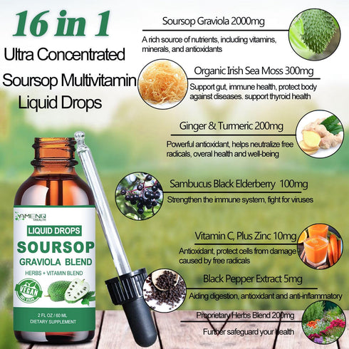 Soursop Graviola Liquid Drops, Organic Soursop Leave Extract w/Sea Moss, Elderberry Vitamin C and Zinc, 16-in-1 Soursop Bitters Liquid for Cell Su...