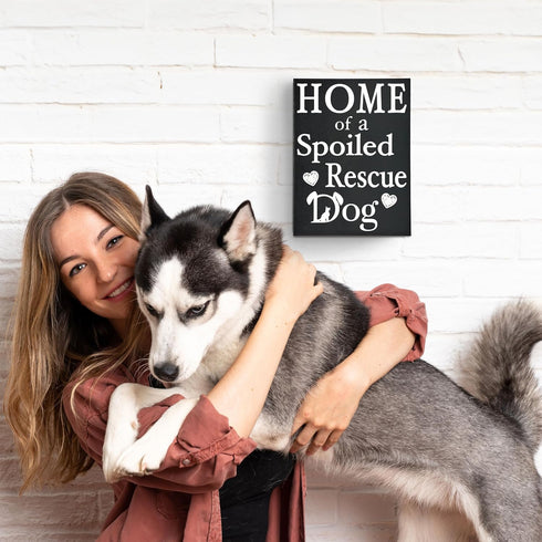 Home of a Spoiled Rescue Dog Wooden Sign, Black and White Dog Lover Decor, Gift for Pet Owners Dog Moms, Made in USA...