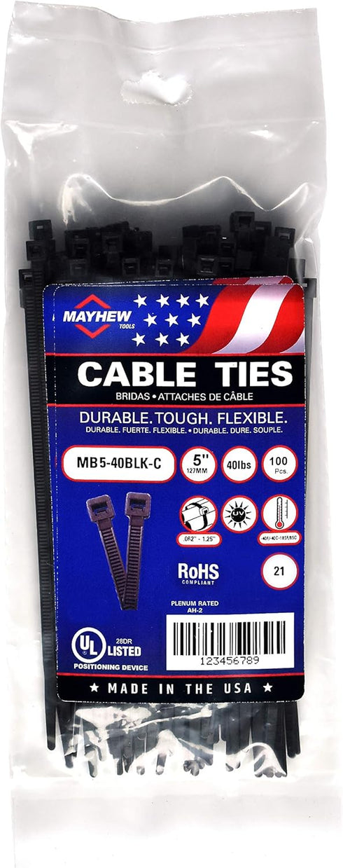 Mayhew Tools MB5-40BLK-C Nylon Cable Ties, UV Black, 5-Inch 40-Pound Tensile Strength...