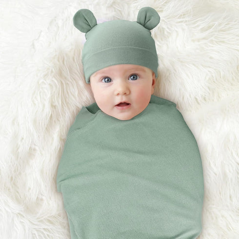 2 Sets Newborn Infant Swaddle Hat Infant Bear Ear Beanie Baby Receiving Blankets Newborn Swaddle Wrap Hospital Receiving Blankets for 0-6 Mouths U...